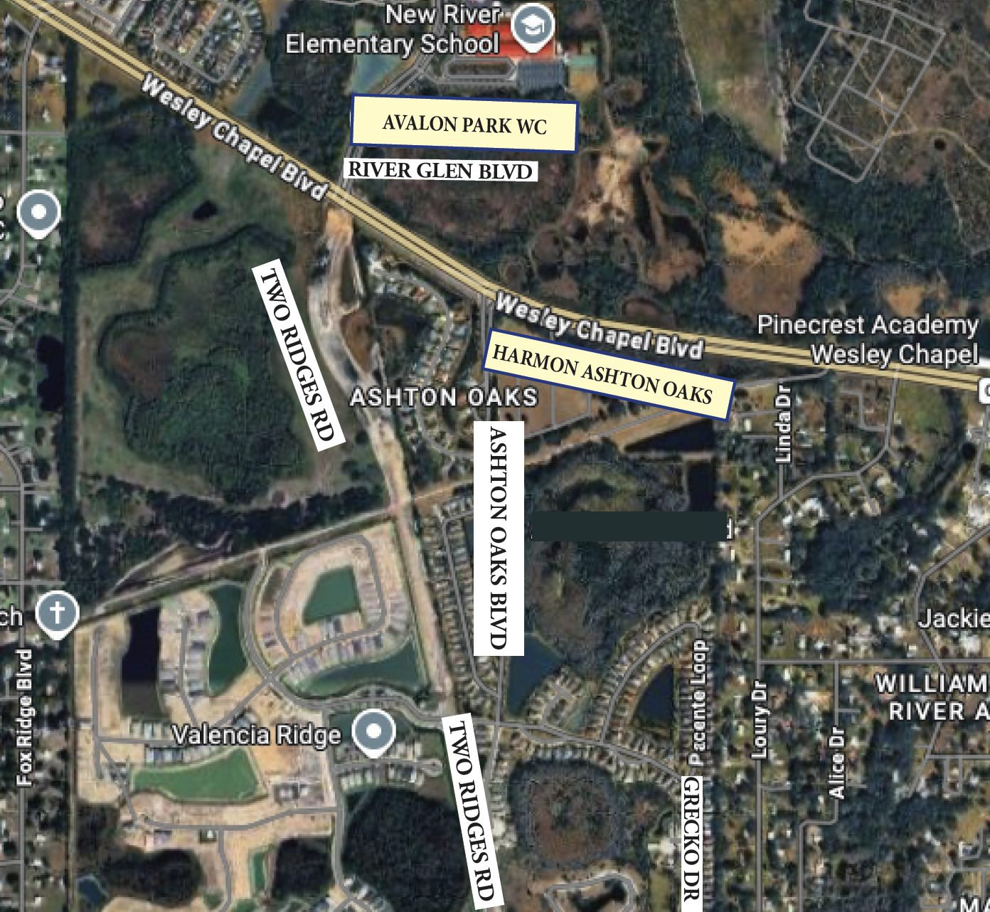 The Google map above has been modified by Neighborhood News to show the locations of the portion of Two Ridges Rd. now under construction (upper Two Ridges Rd. label) & Harmon Ashton Oaks.